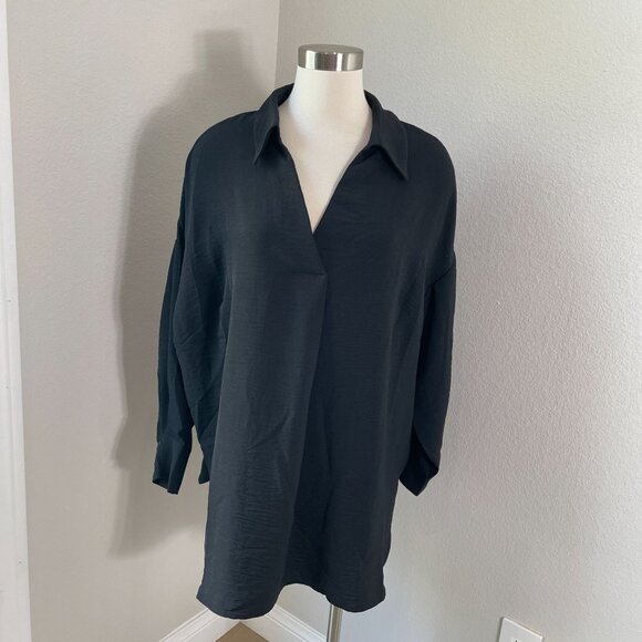 NEW Adrianna Papell Womens Plus 1X Textured Airflow Black V Neck Johnny Blouse - Picture 1 of 12